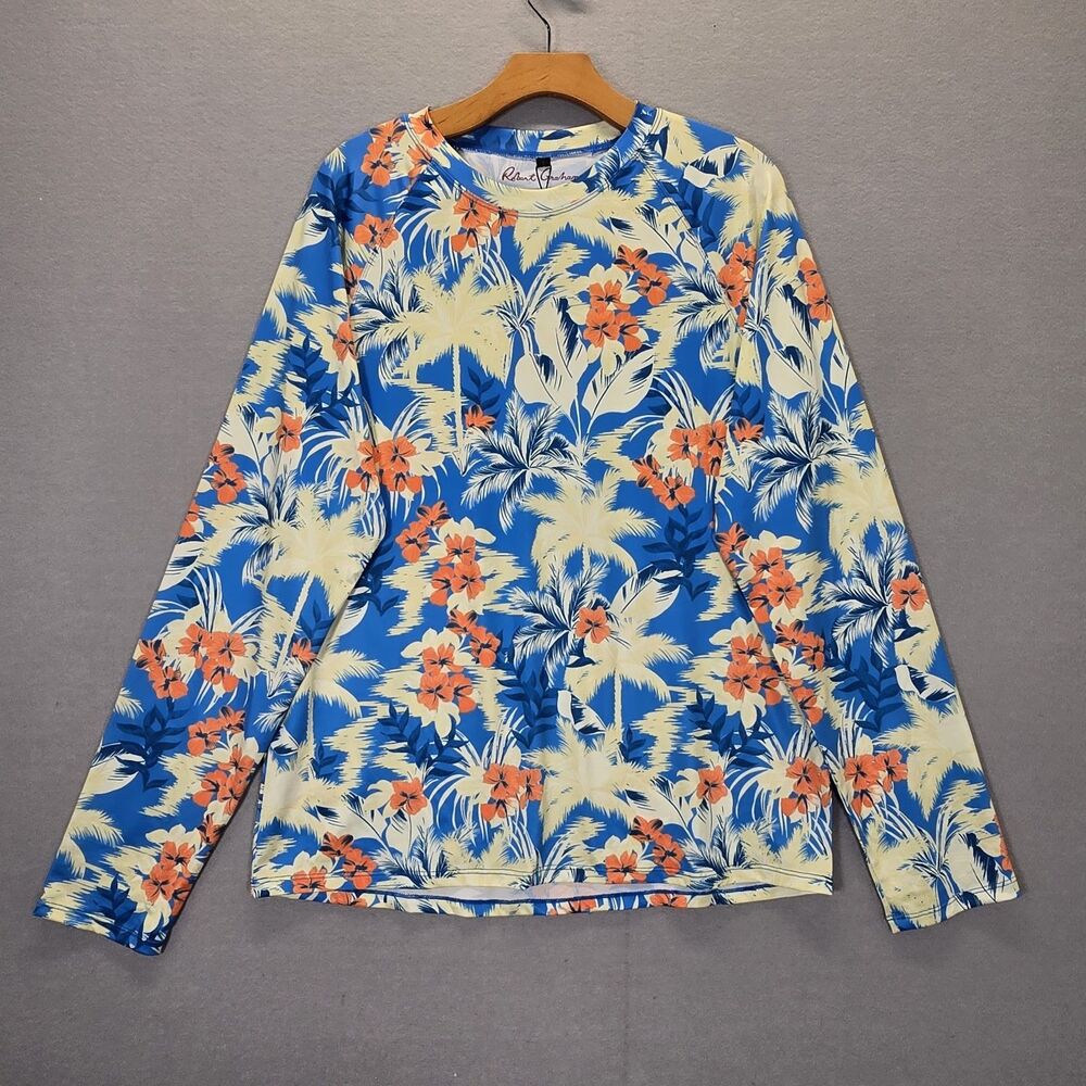 Robert Graham UPF 50+ Sun Block Shirt Mens Large Blue Tropical Floral Beach NEW